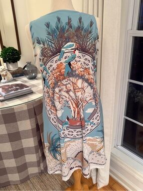 Aryeh Teal Scenic Bird Print Shift Dress. Size L